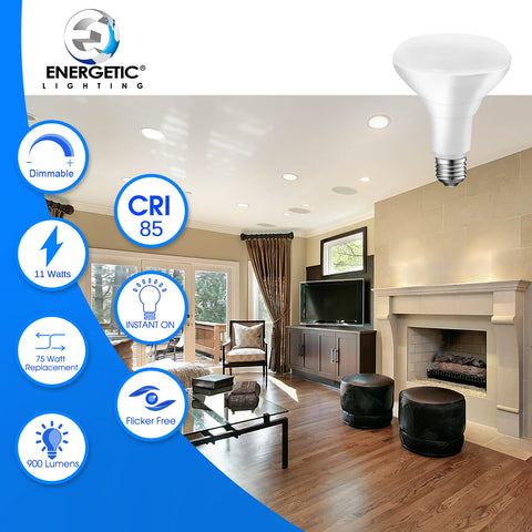 Energetic Lighting BR30 LED recessed bulb 2700K soft white glow.