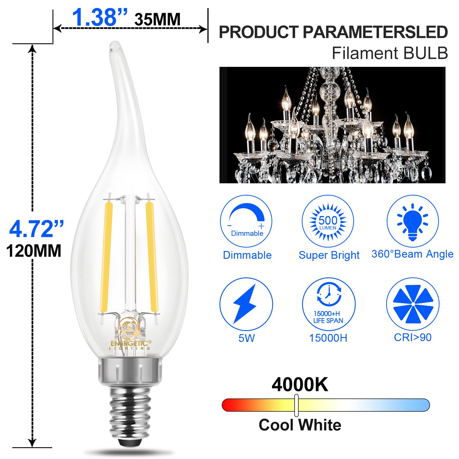 Energetic Lighting CA11 clear glass filament bulb showcasing exposed filaments