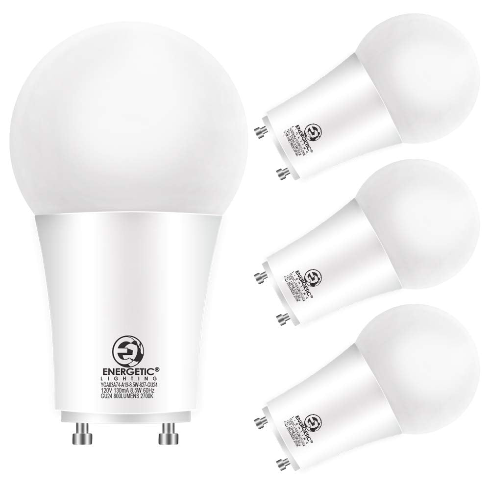Energetic Lighting GU24 A19 LED bulb in a home lighting setup for energy efficiency.