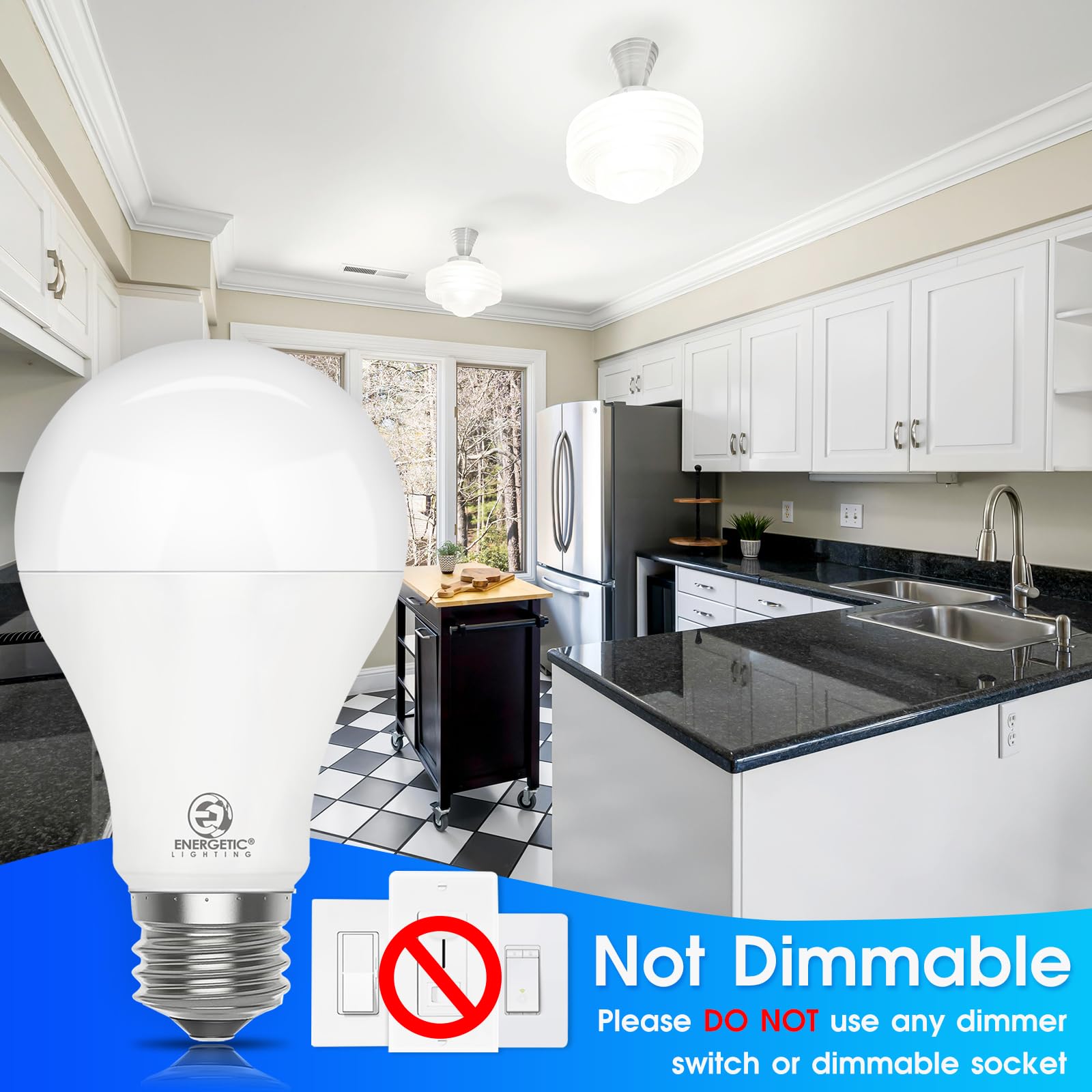 Energetic Smarter Lighting A21 bulb eco-friendly label highlighting safe materials.