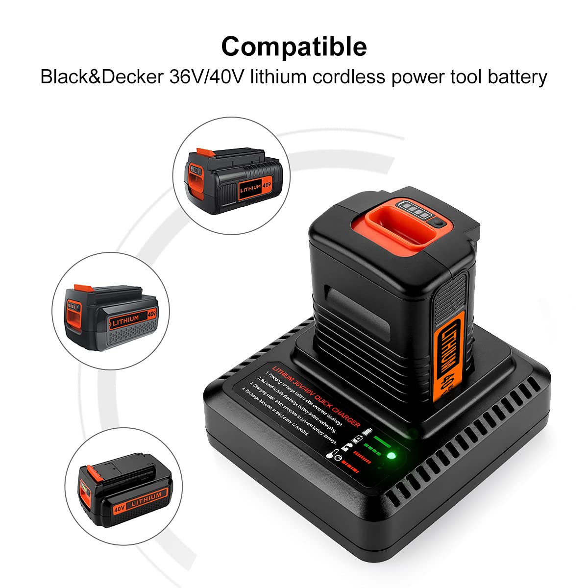 Energup 40V Max battery compatibility label confirms model fit with Black+Decker.