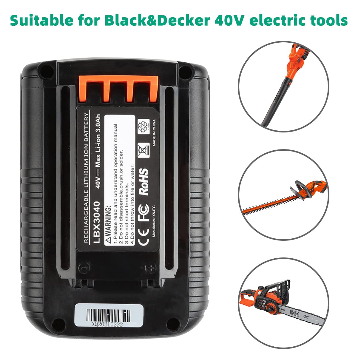Charger-ready Energup battery for simple recharging with Black+Decker 36V/40V chargers.
