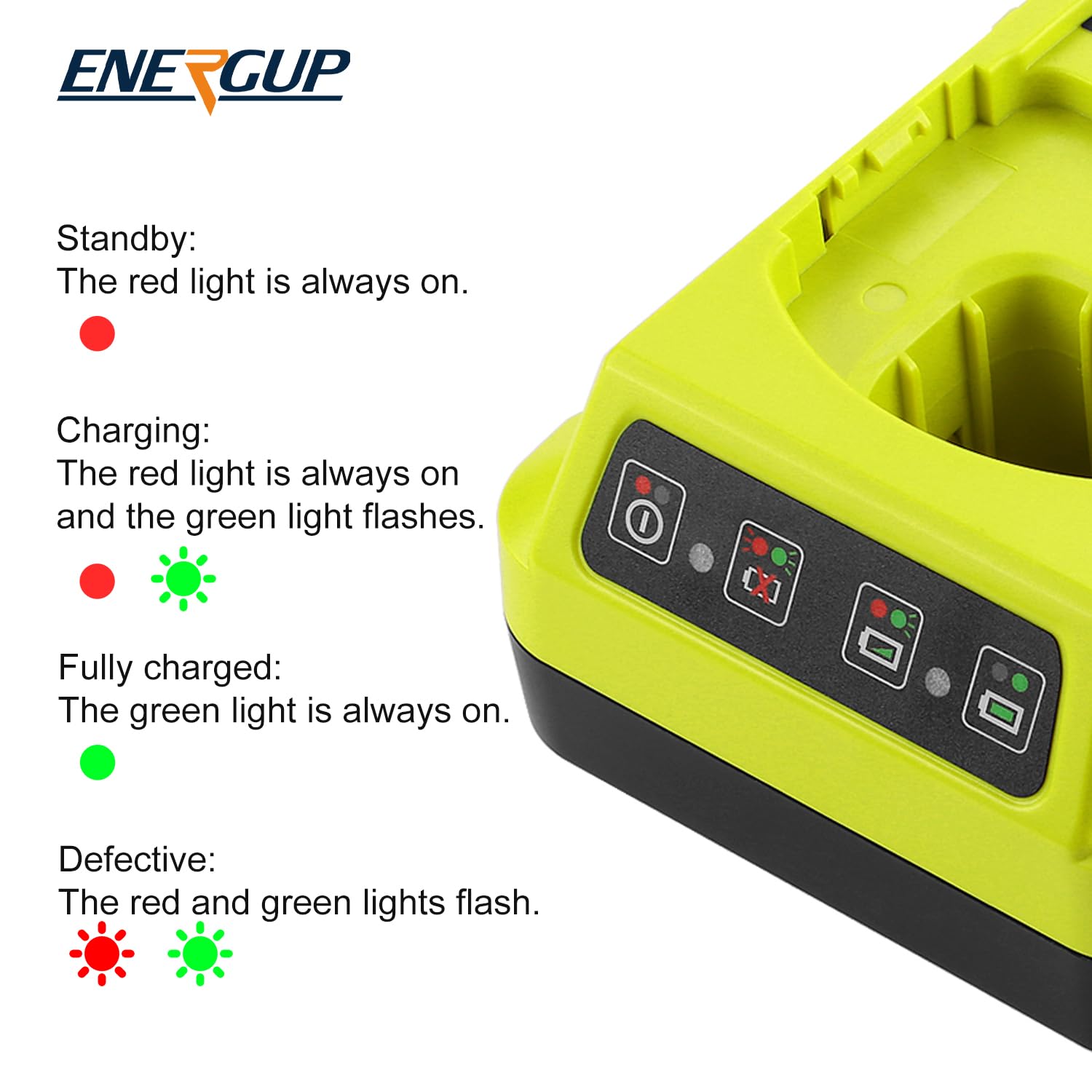 Energup battery indicator lights for easy status at a glance.