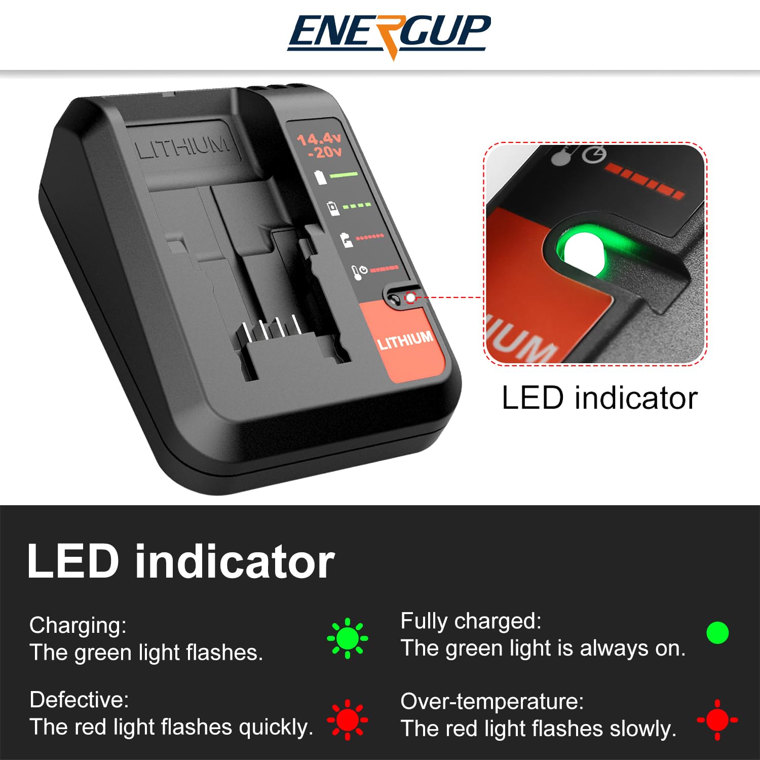 Energup battery-pack labeling and safety features visible.