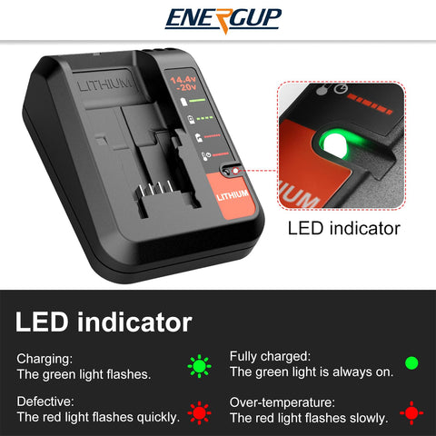 Energup battery-pack labeling and safety features visible.