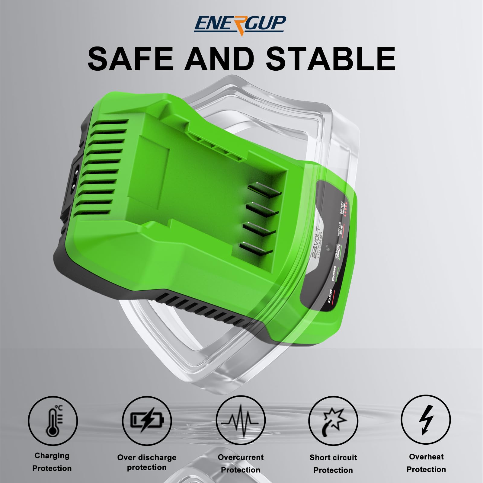 Energup caf806 charger safety features including overcharge protection for batteries.