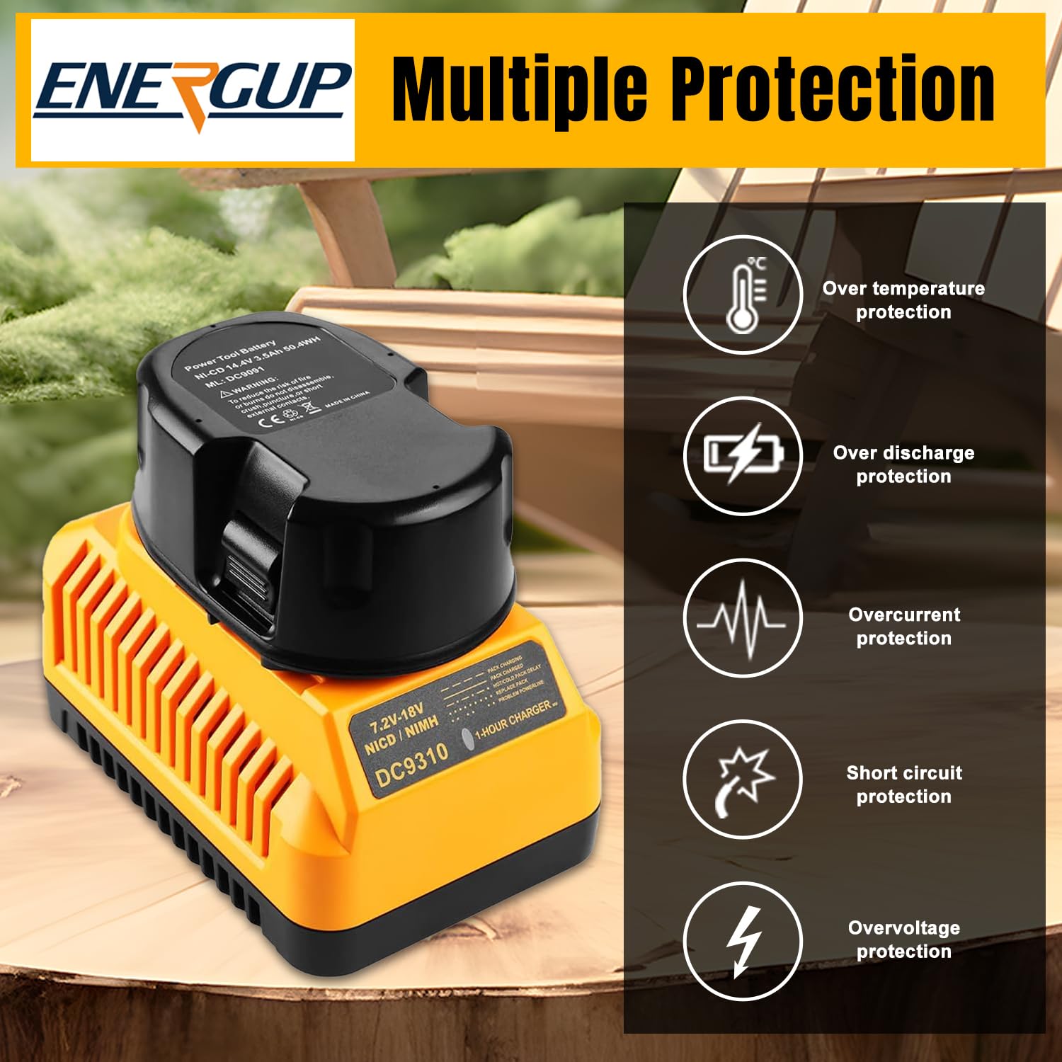 energup DC9310 charger with a DEWALT battery during charge.