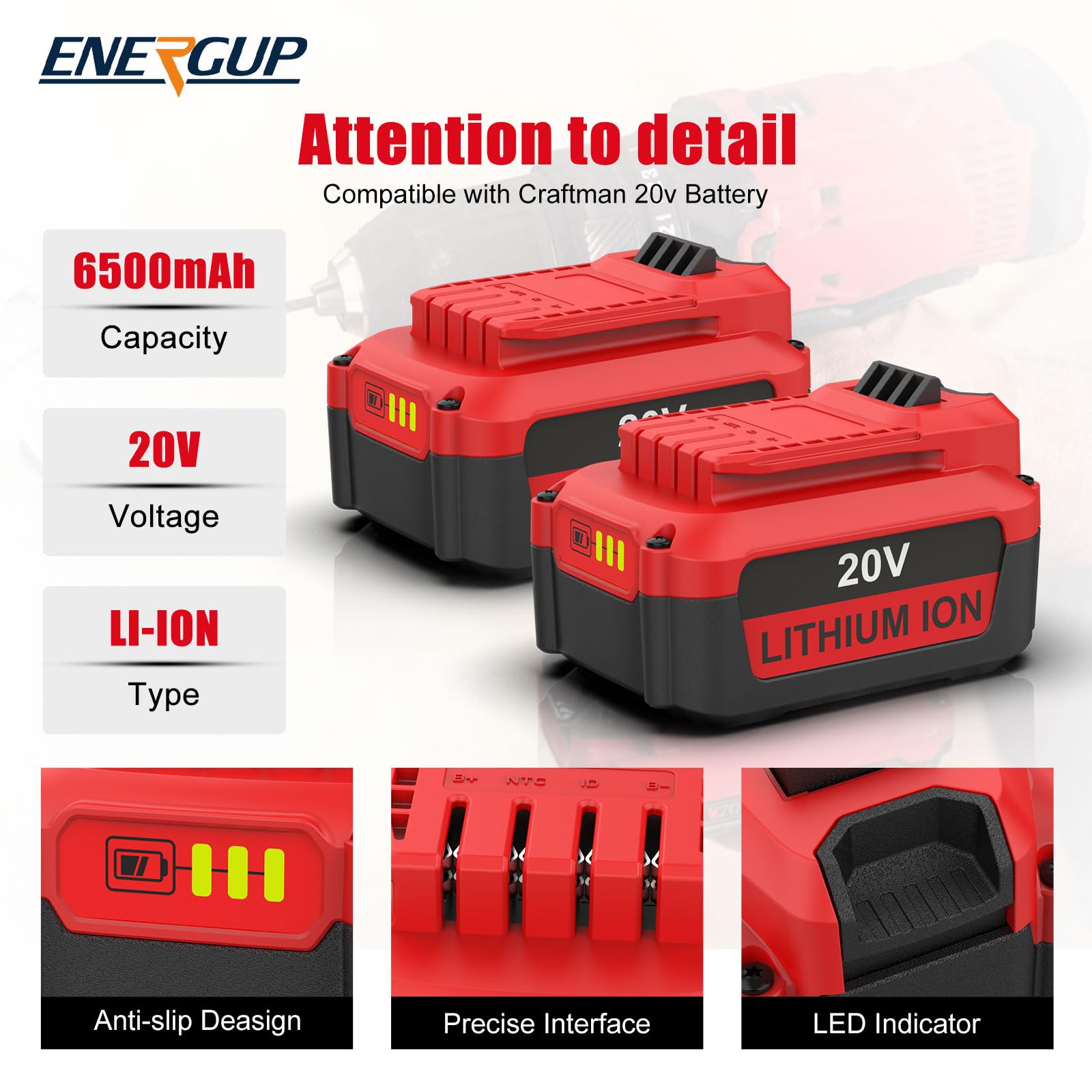 Energup dual-port charger with LED display shown charging two packs.
