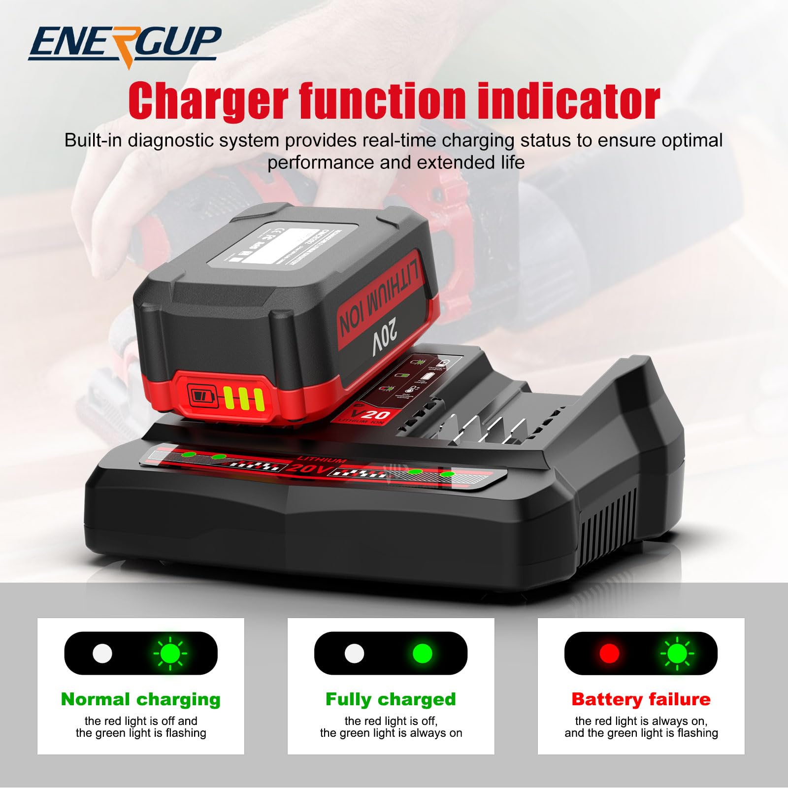 Energup intelligent charging chip detail shows battery protection.
