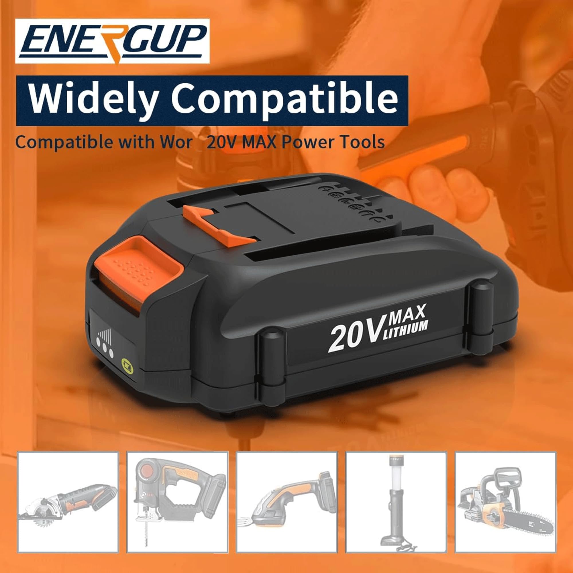 energup durable PC+ABS shell protects the 20V Worx battery