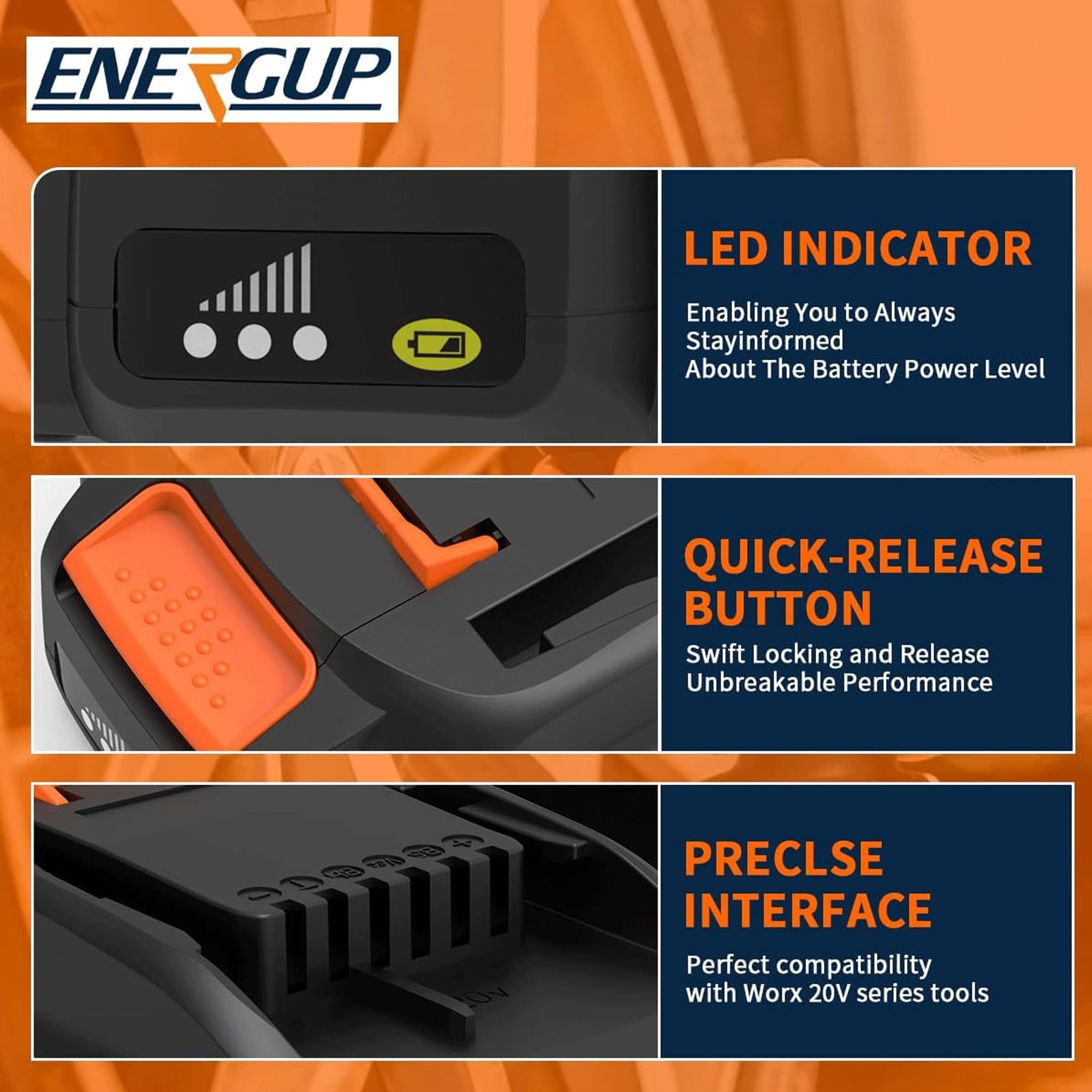 energup Worx battery with LED indicator for easy charge monitoring