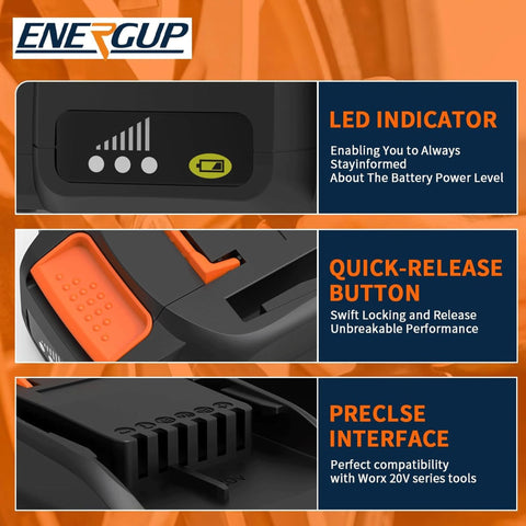 energup Worx battery with LED indicator for easy charge monitoring