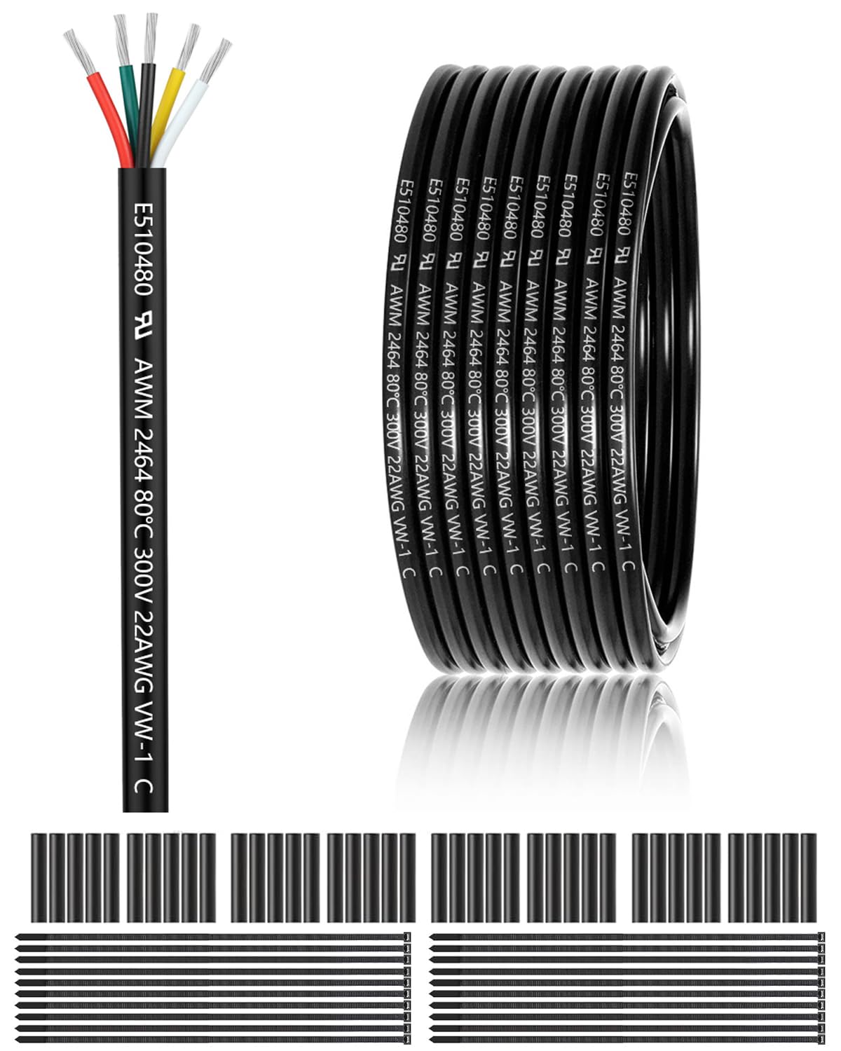 Enerjour 22AWG 5-conductor wire with black jacket for low-voltage LED installations