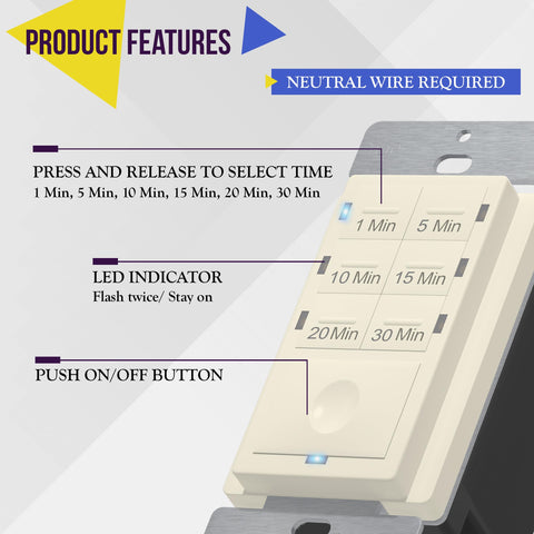 Enerlites 30-minute countdown switch LED indicator displays selected timer for night use