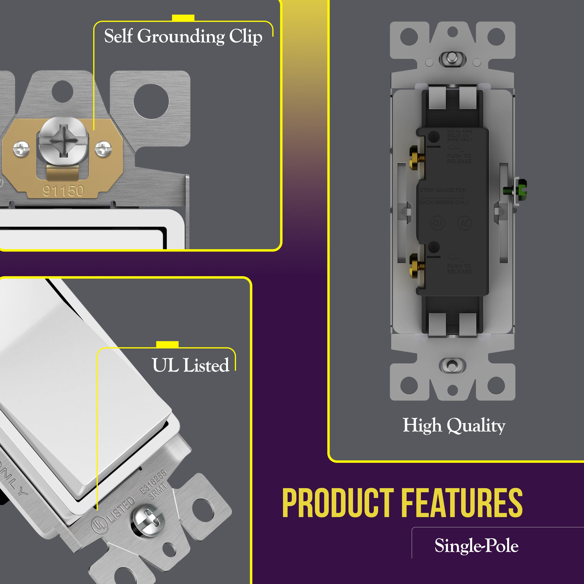 Enerlites 91150-W copper push-in wiring supports quick, secure connections.