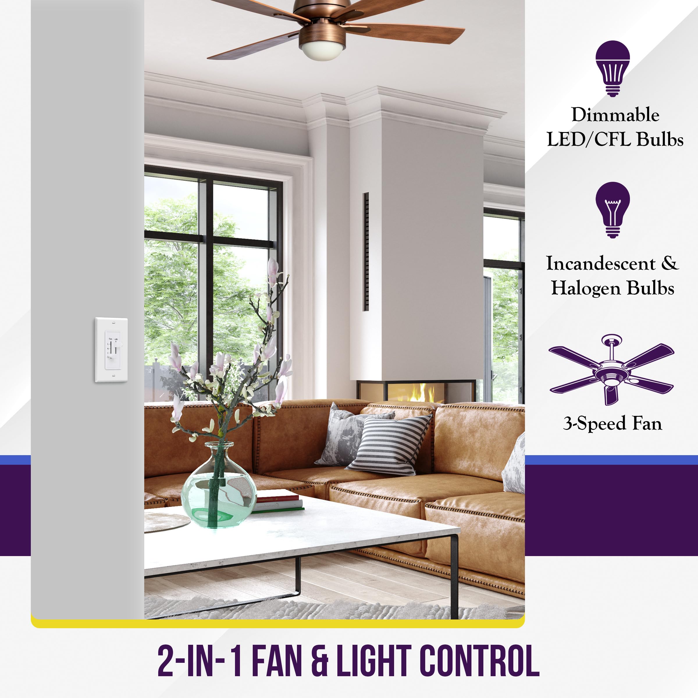 Enerlites dual slide control panel illustrating dimming and fan speed options
