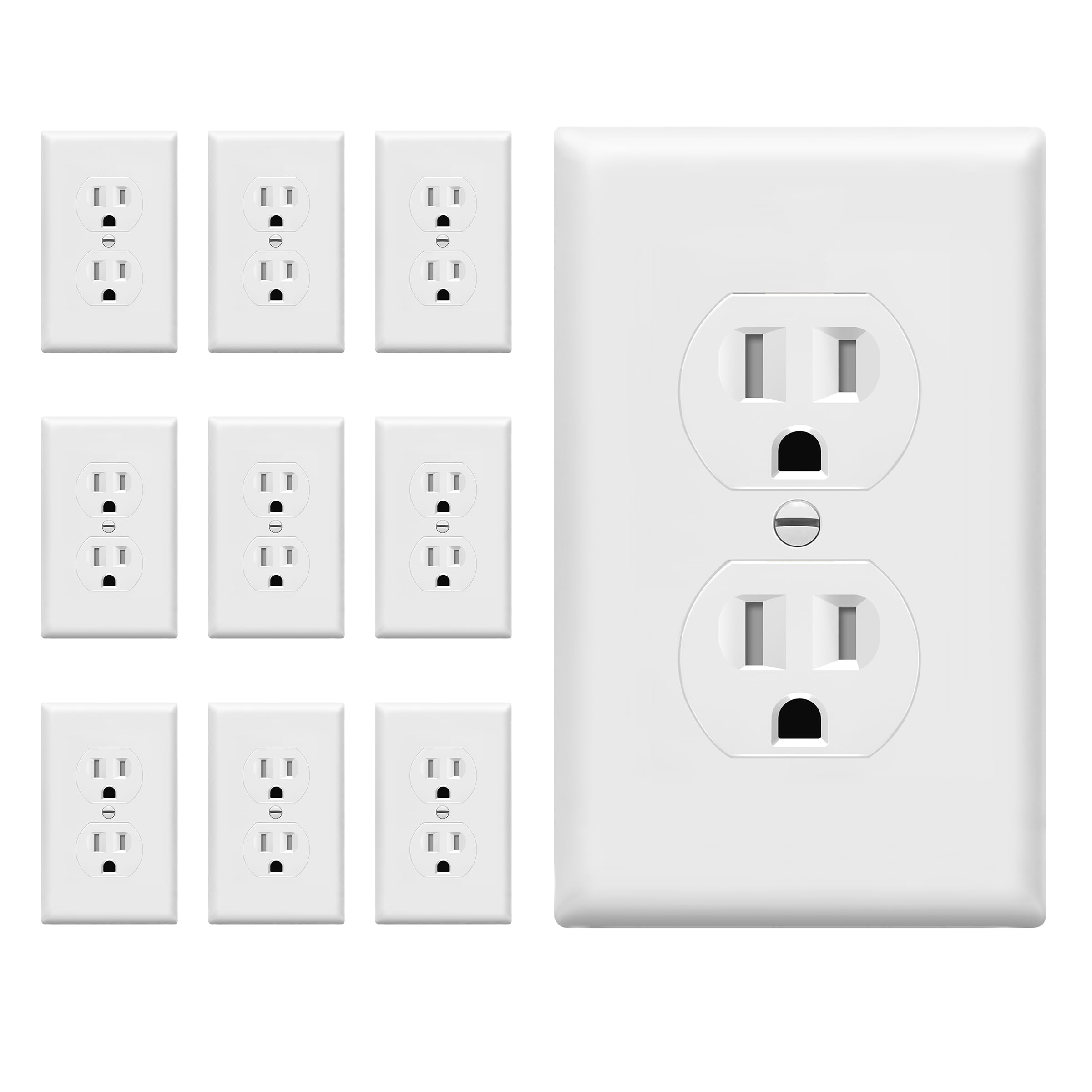 ENERLITES duplex outlet front view shows a compact profile for tight spaces.