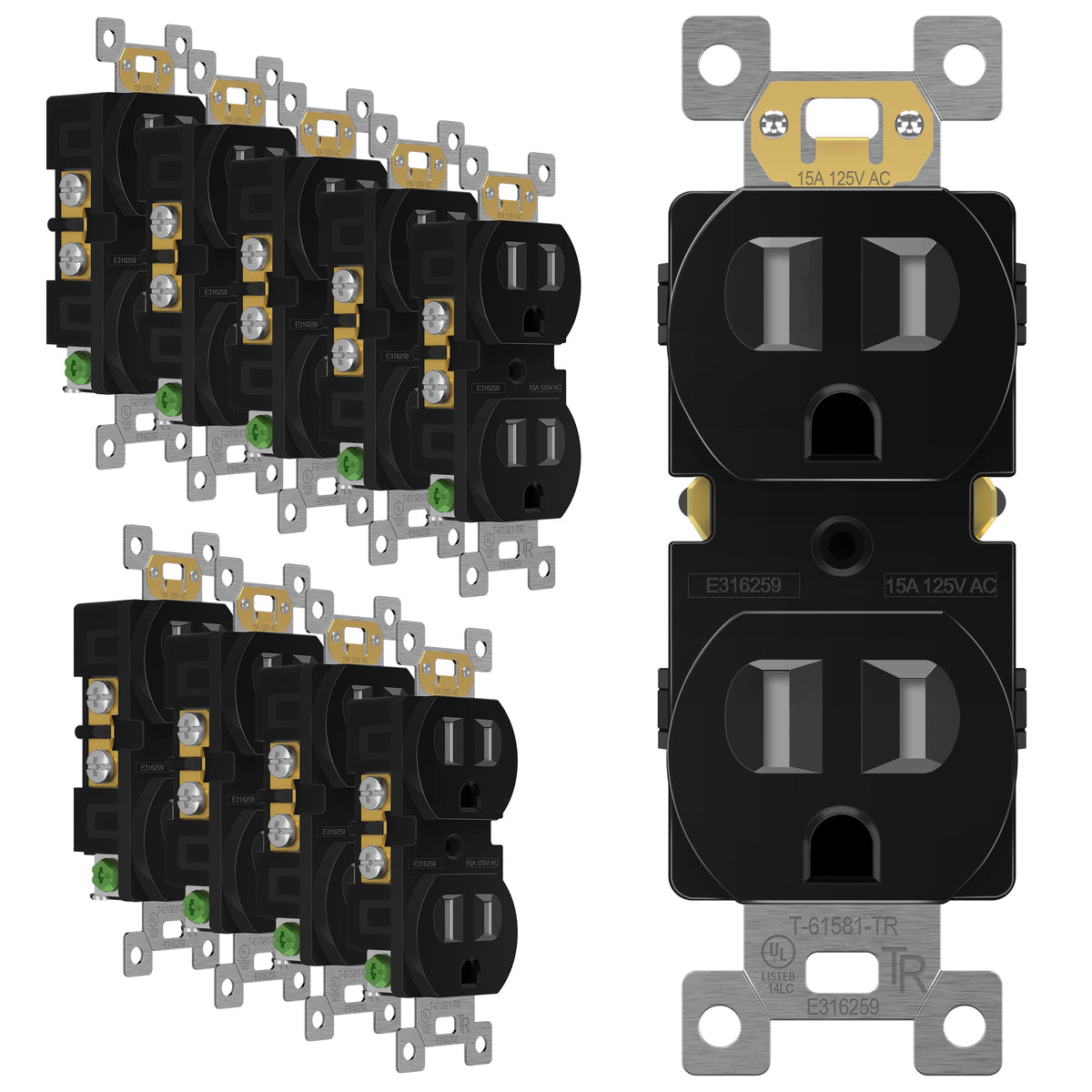 Enerlites duplex receptacle front view in black, ideal for modern homes.