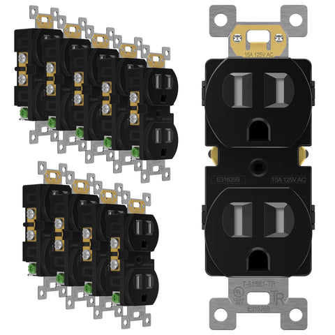 Enerlites duplex receptacle front view in black, ideal for modern homes.