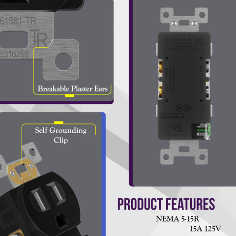 Enerlites duplex receptacle side view in black, easy to install.