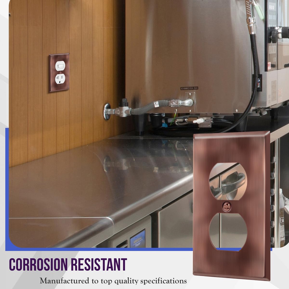 EnerLites metal outlet cover in antique copper enhances room aesthetics