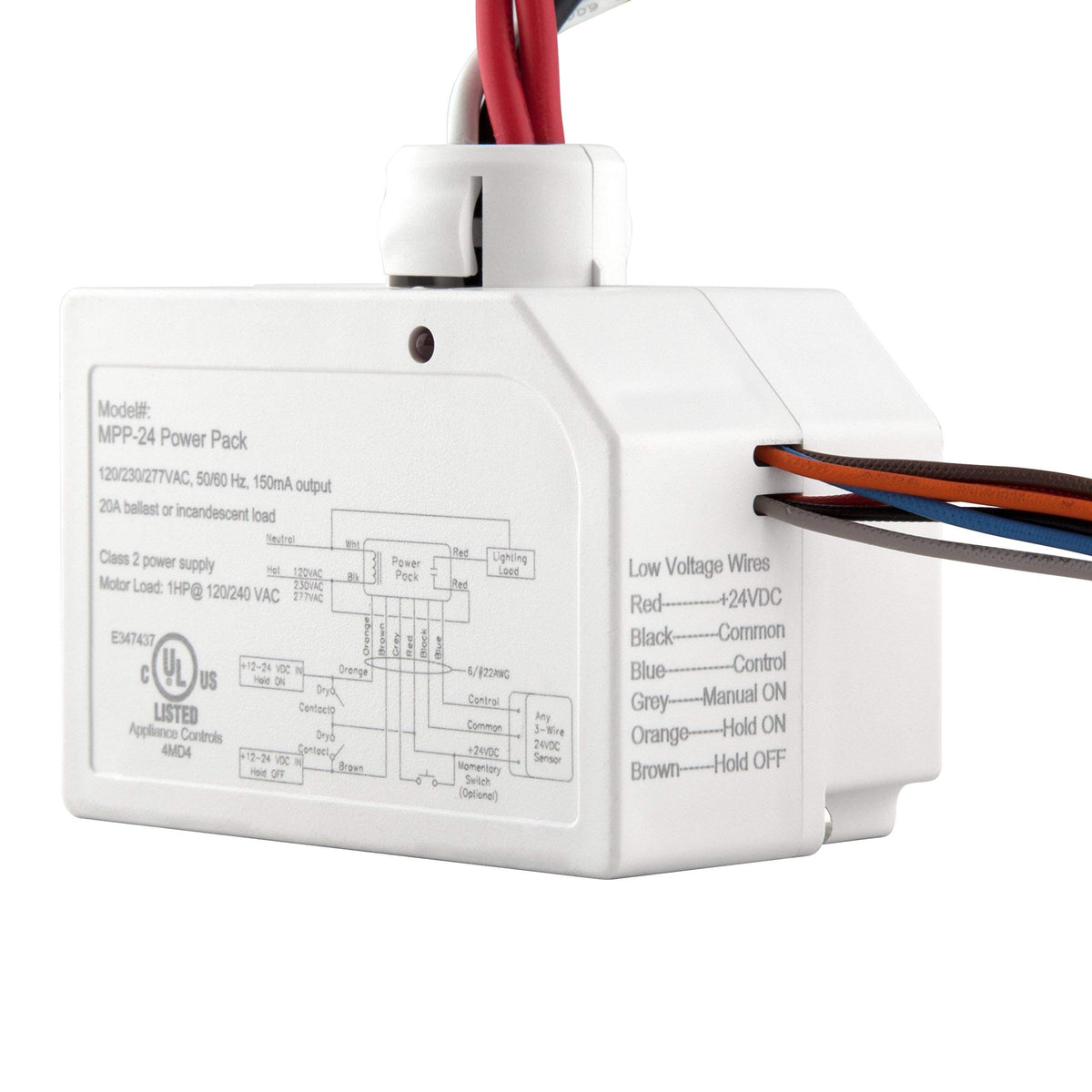 Enerlites MPP-24 ceiling sensor power pack front view highlights compact, self-contained control for low voltage sensors.