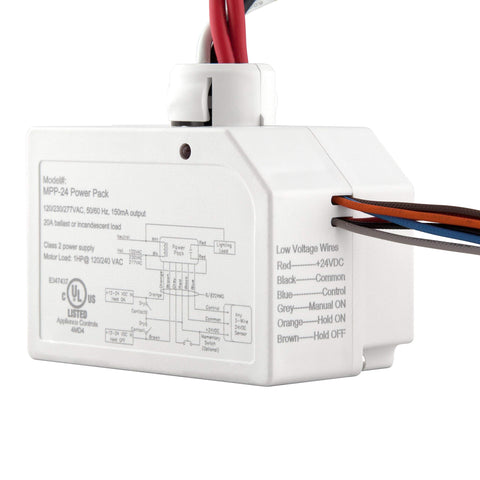 Enerlites MPP-24 ceiling sensor power pack front view highlights compact, self-contained control for low voltage sensors.