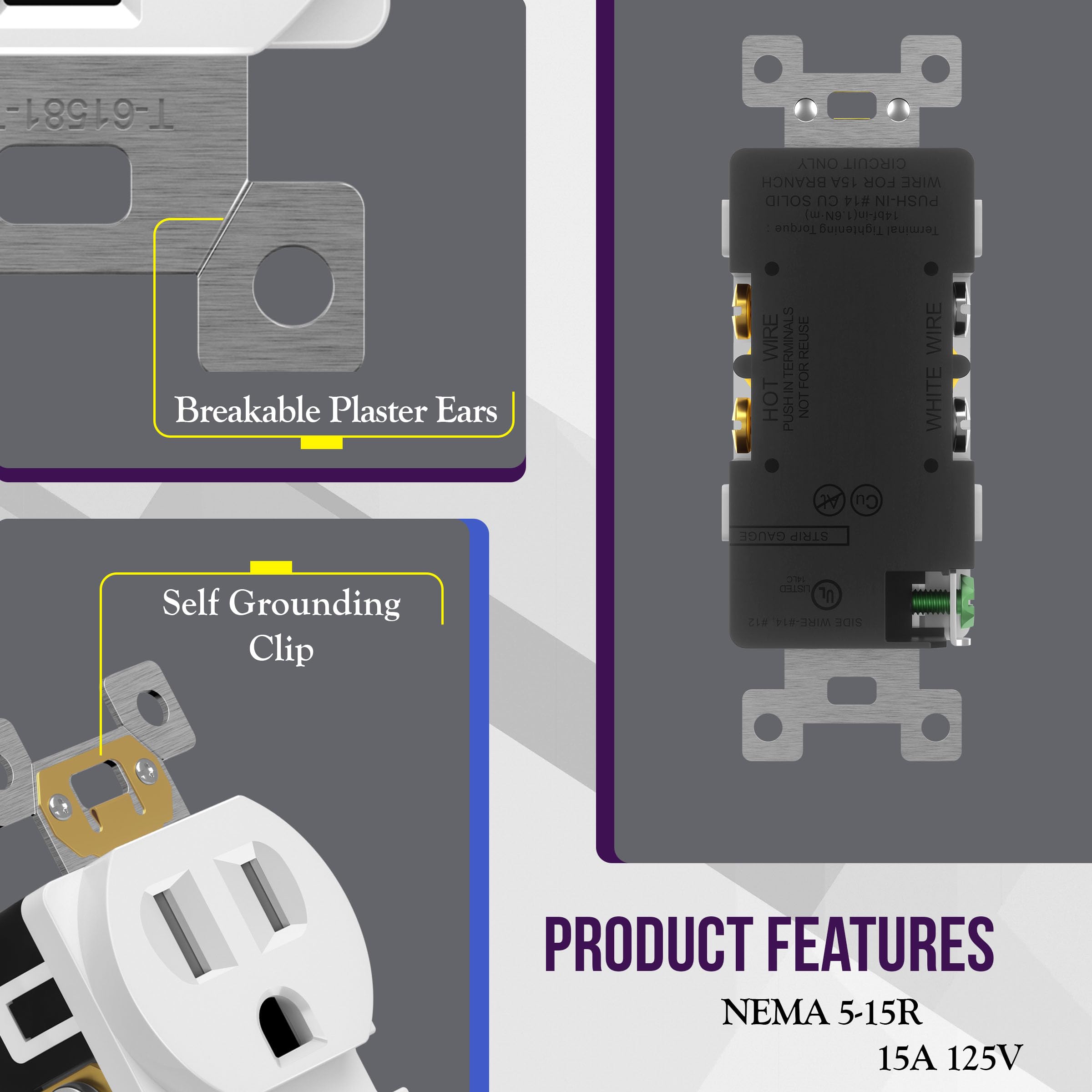 ENERLITES tamper-resistant receptacle close-up highlights child-safety design.