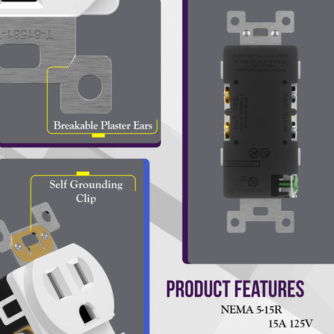 ENERLITES tamper-resistant receptacle close-up highlights child-safety design.