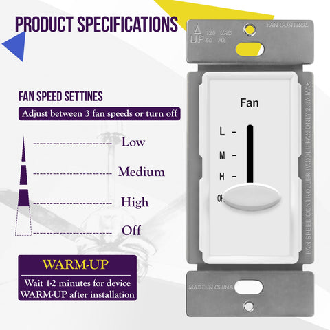 Enerlites white in-wall switch body enables quick replacement on compatible fans for homes and offices.