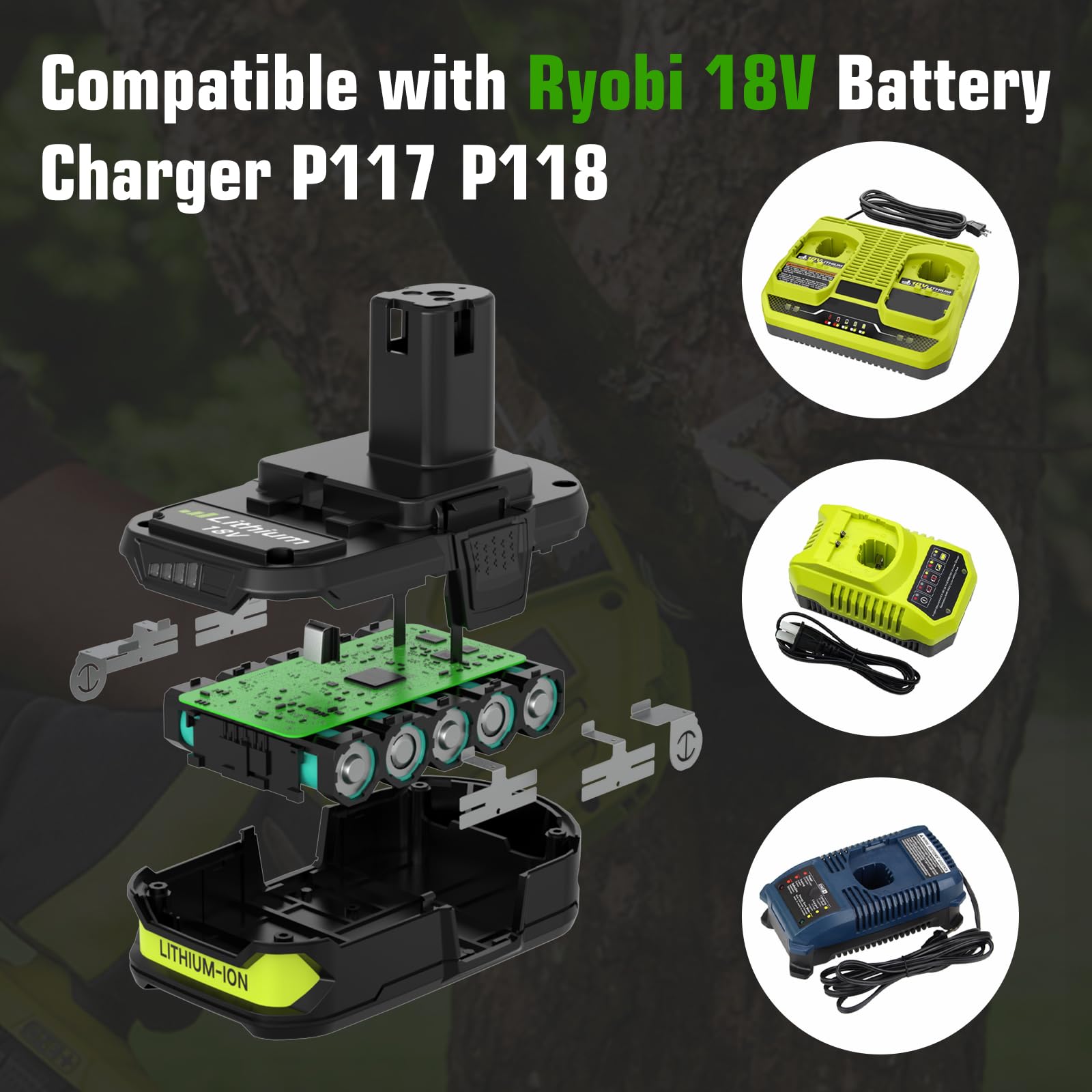 Enermall 3600mAh P107 battery for Ryobi 18V, steady power