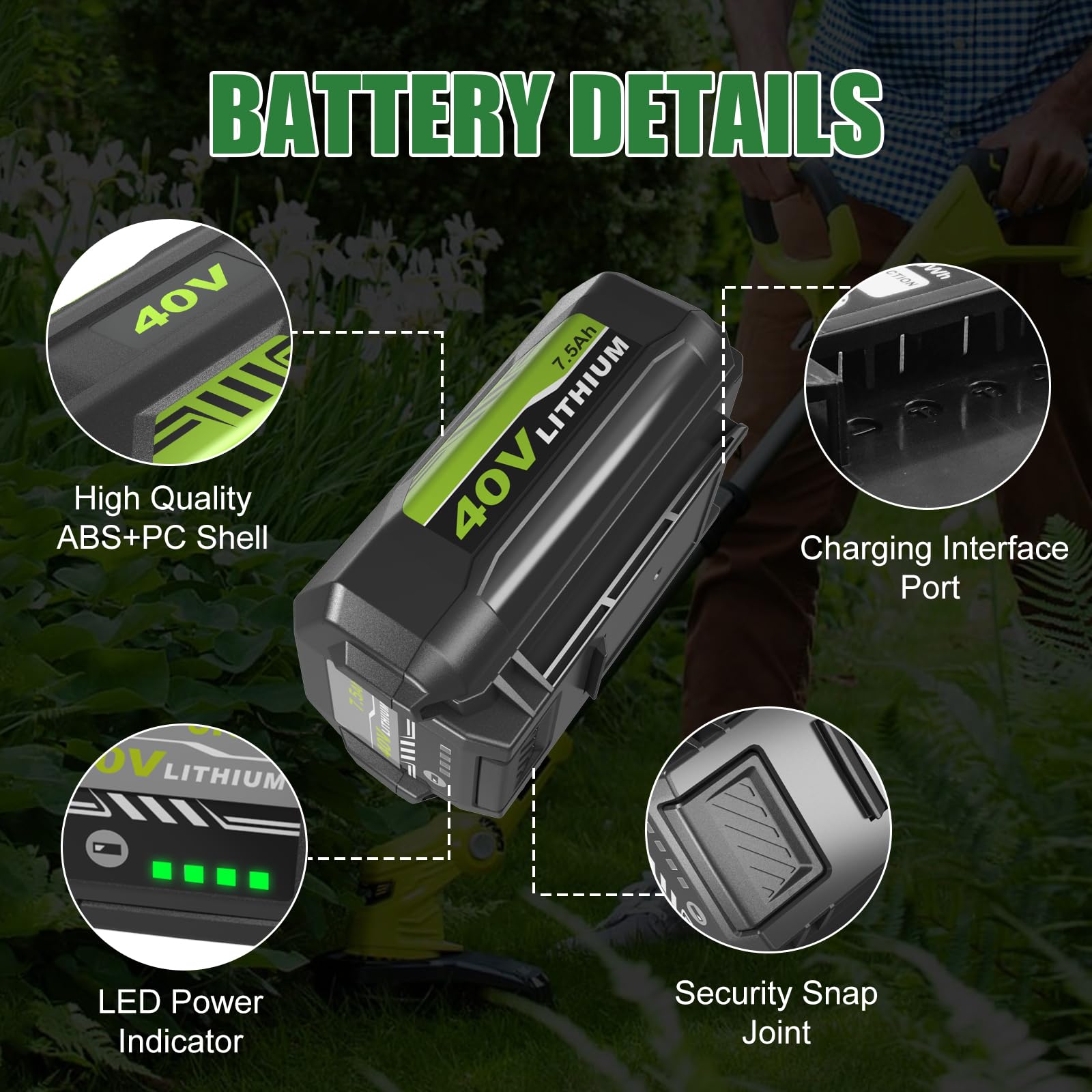 Enermall 40V battery demonstrates broad compatibility with Ryobi tools and chargers.