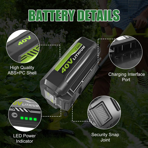Enermall 40V battery demonstrates broad compatibility with Ryobi tools and chargers.