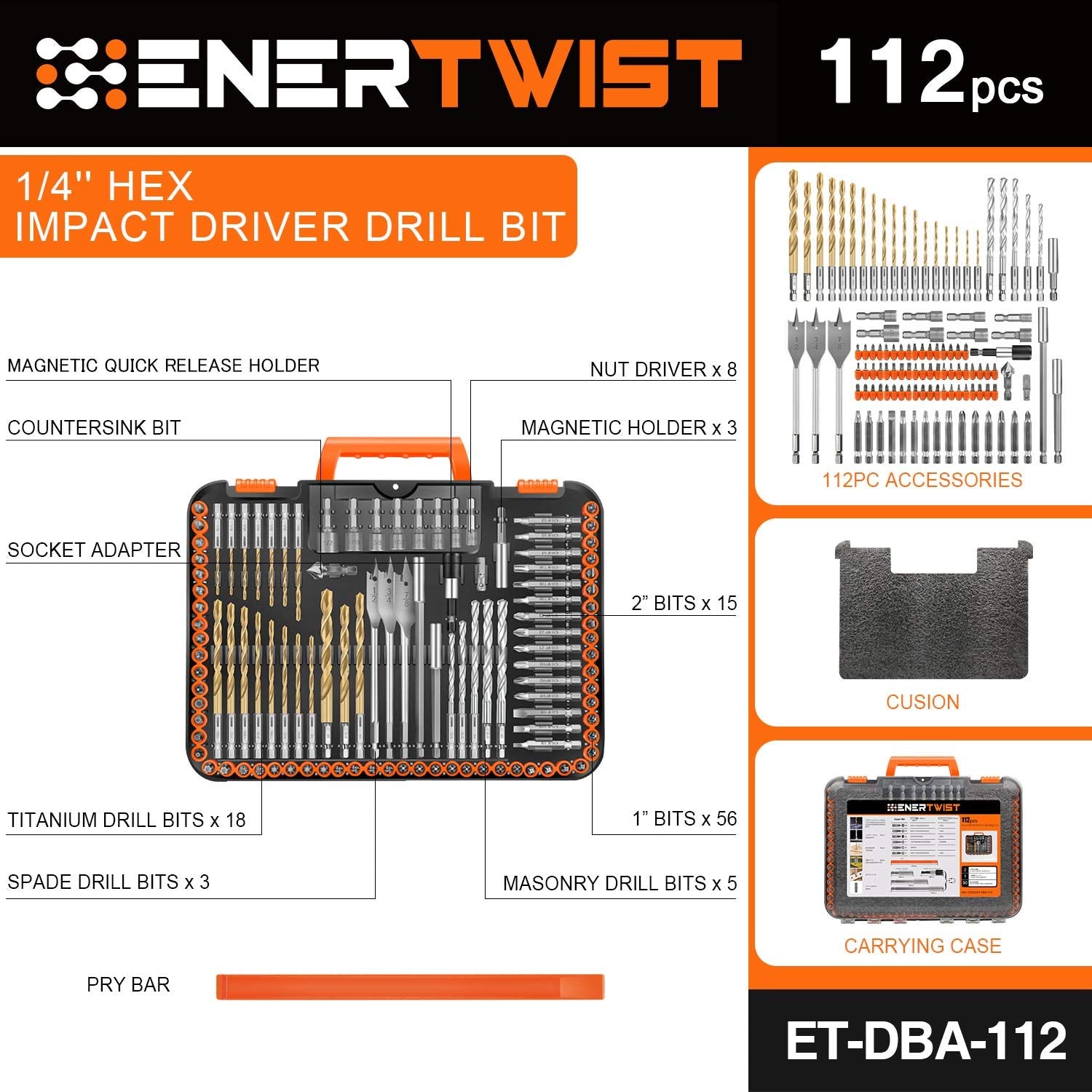 ENERTWIST 1/4-inch hex shank for quick bit changes and reduced spin-out.