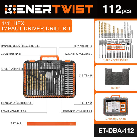 ENERTWIST 1/4-inch hex shank for quick bit changes and reduced spin-out.