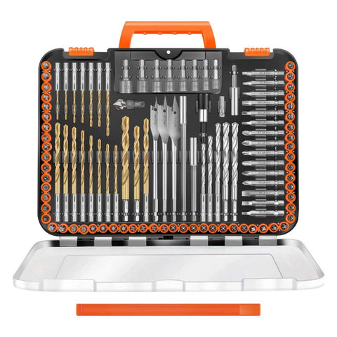 ENERTWIST 112-piece drill bit set in a transparent case for organized, on-the-go projects.