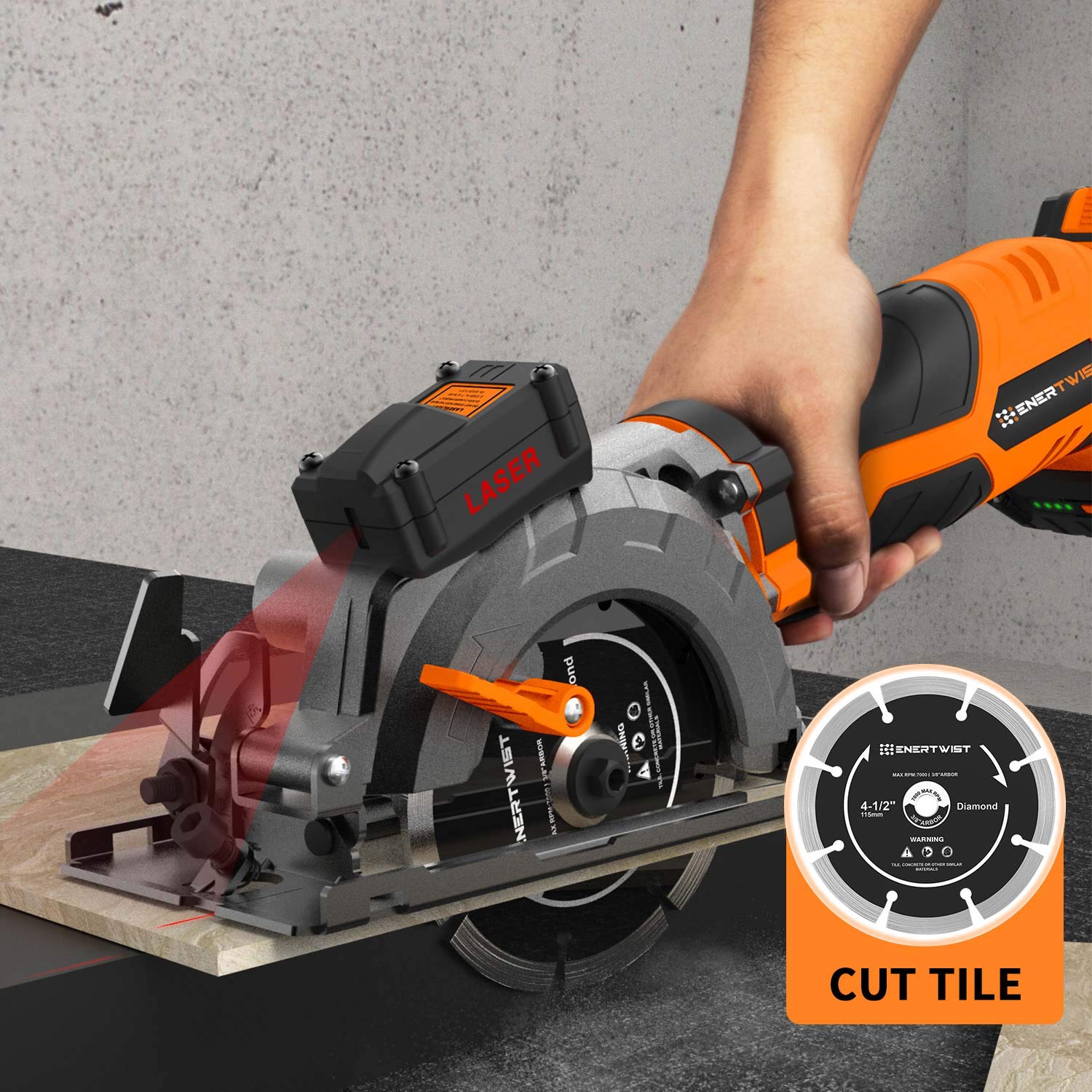 ENERTWIST compatibility shot illustrating 3/8 inch arbor compatibility with mini saws
