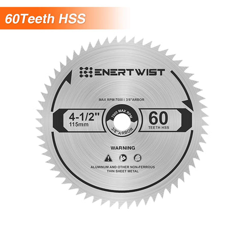 ENERTWIST 4-1/2 inch metal cutting blade HSS 60T closeup for fast smooth cuts in metal and plastic