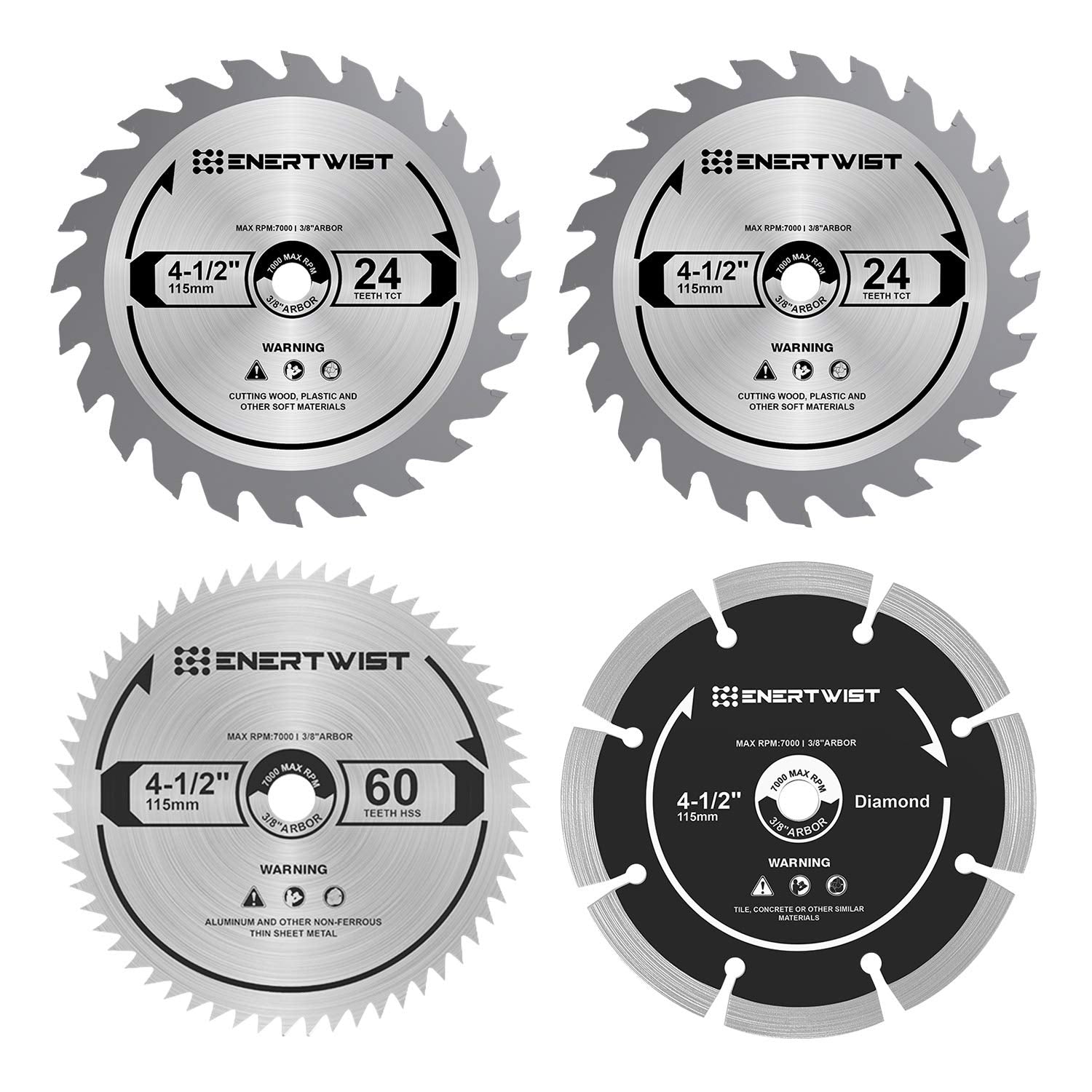 ENERTWIST 4-1/2 inch wood cutting blade closeup with 24T carbide teeth for precise cuts