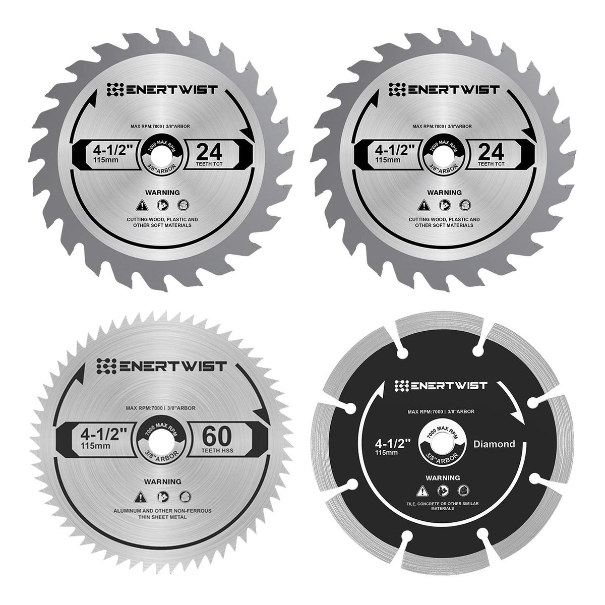 ENERTWIST 4-1/2 inch wood cutting blade closeup with 24T carbide teeth for precise cuts