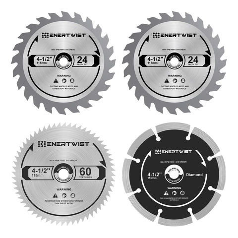 ENERTWIST 4-1/2 inch wood cutting blade closeup with 24T carbide teeth for precise cuts