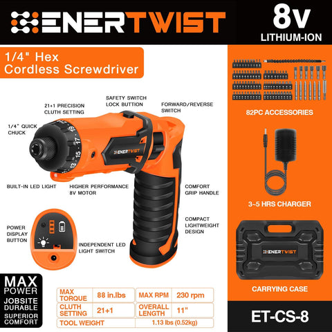 Enertwist cordless screwdriver in use with screws for quick projects.