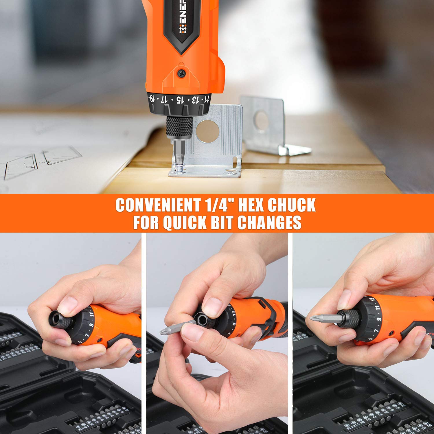Enertwist LED light on work surface for accurate screw driving.