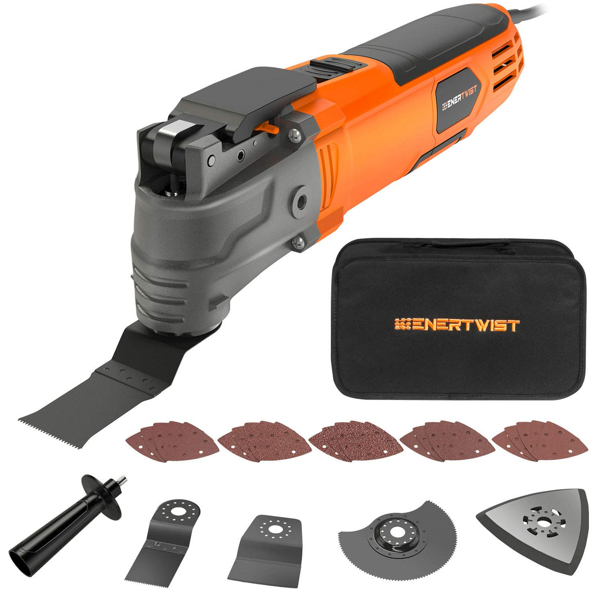 ENERTWIST ET-OM-500 oscillating tool overview with compact power and 5° oscillation for controlled cutting.
