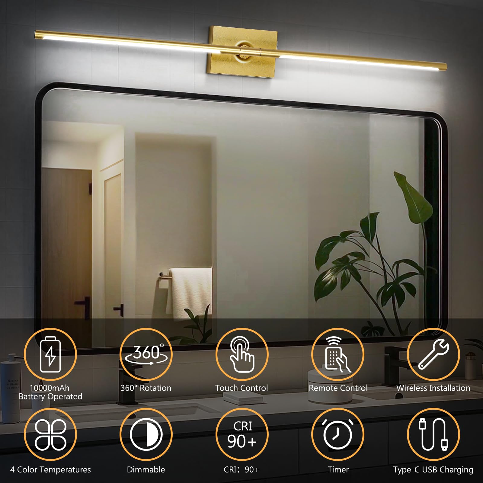 Eneru battery-operated wall sconce gold back view with clean mounting.