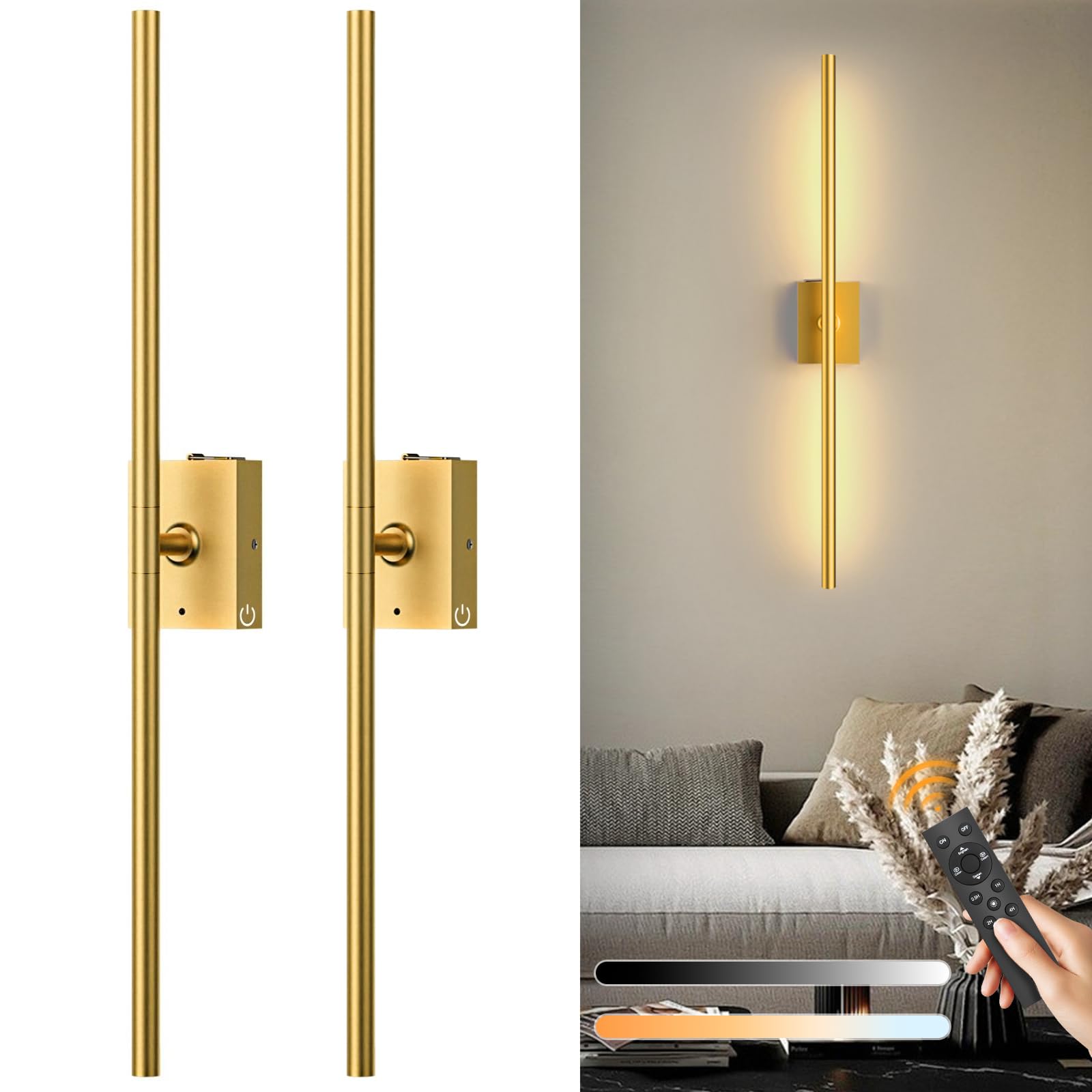 Eneru battery-operated wall sconce gold front view for cordless living room ambience.