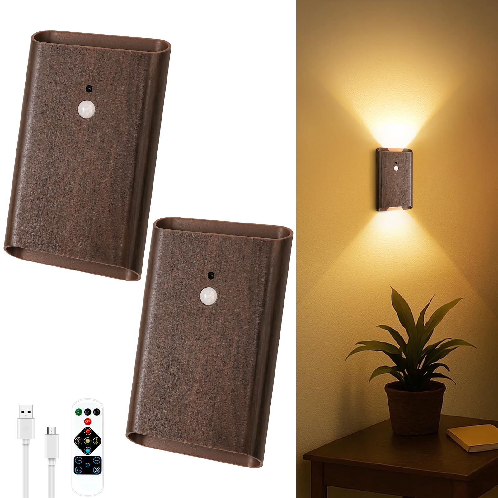 Eneru rechargeable motion sensor wall light two-pack for cordless hallway lighting