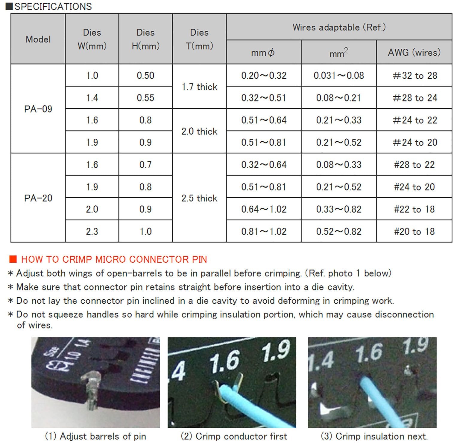 ENGINEER PA-09 1.4mm die width supports accurate crimping for narrow pitch parts