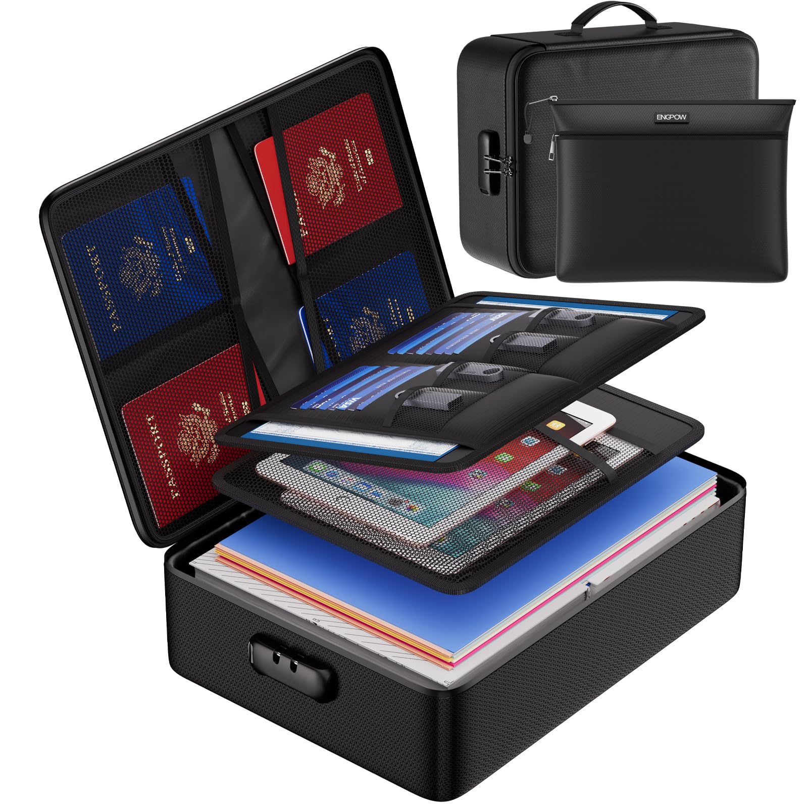 ENGPOW fireproof bag front view with lock secures important documents.