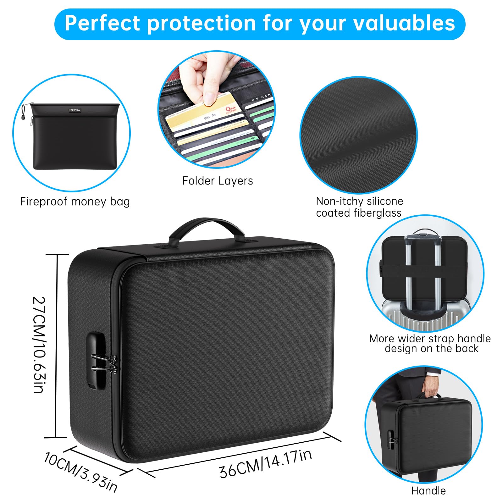 ENGPOW fireproof bag passport and card pockets keep essentials ready.